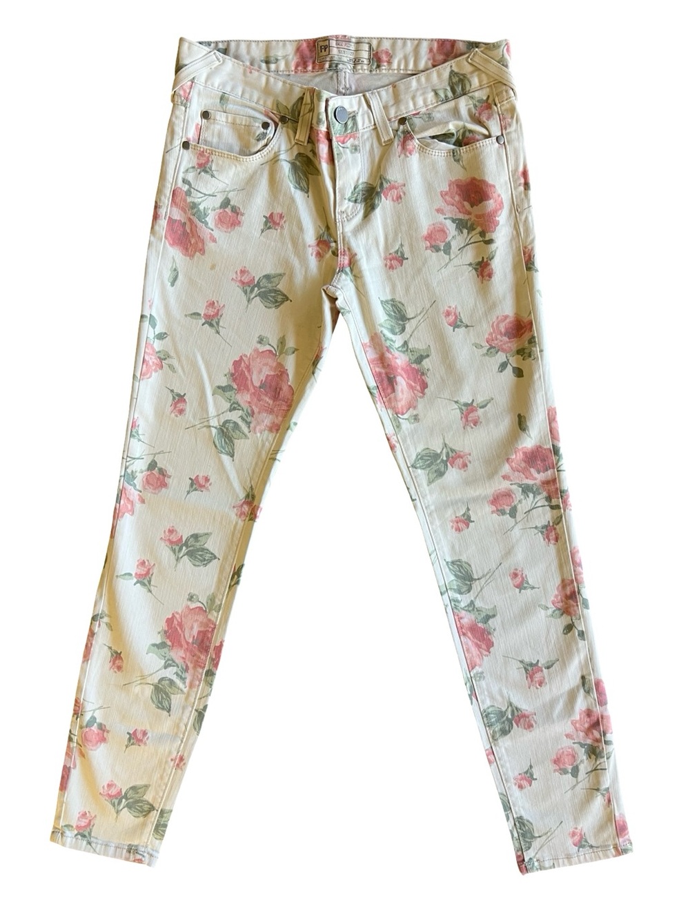 FREE PEOPLE Y2K Floral Rose Print Low-Rise Denim Pants Sz 27 Made in USA Boho